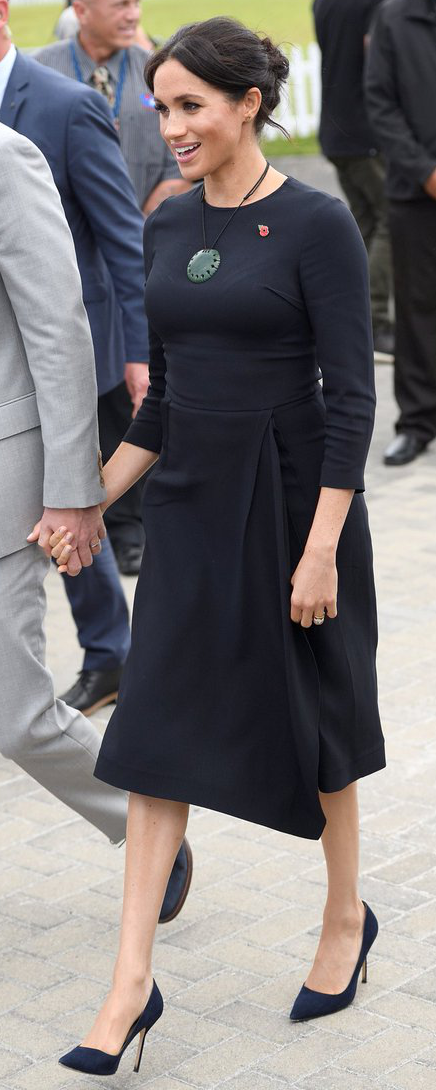 Stella McCartney Navy Asymmetric Crêpe Dress as seen on Meghan Markle, the Duchess of Sussex