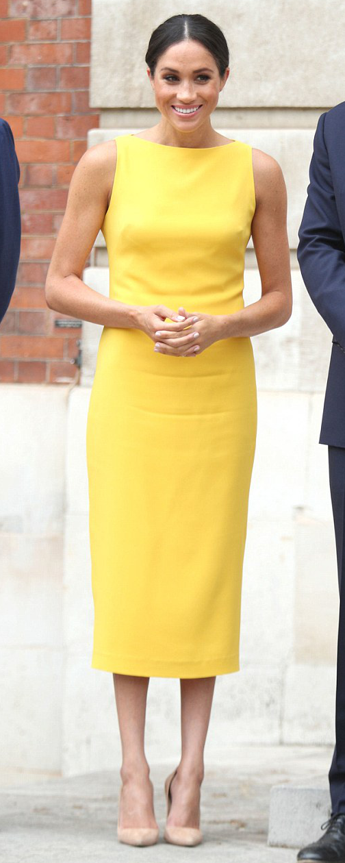Brandon Maxwell Yellow Crepe Midi Dress as seen on Meghan Markle, the Duchess of Sussex at Commonwealth Youth Reception July 2018