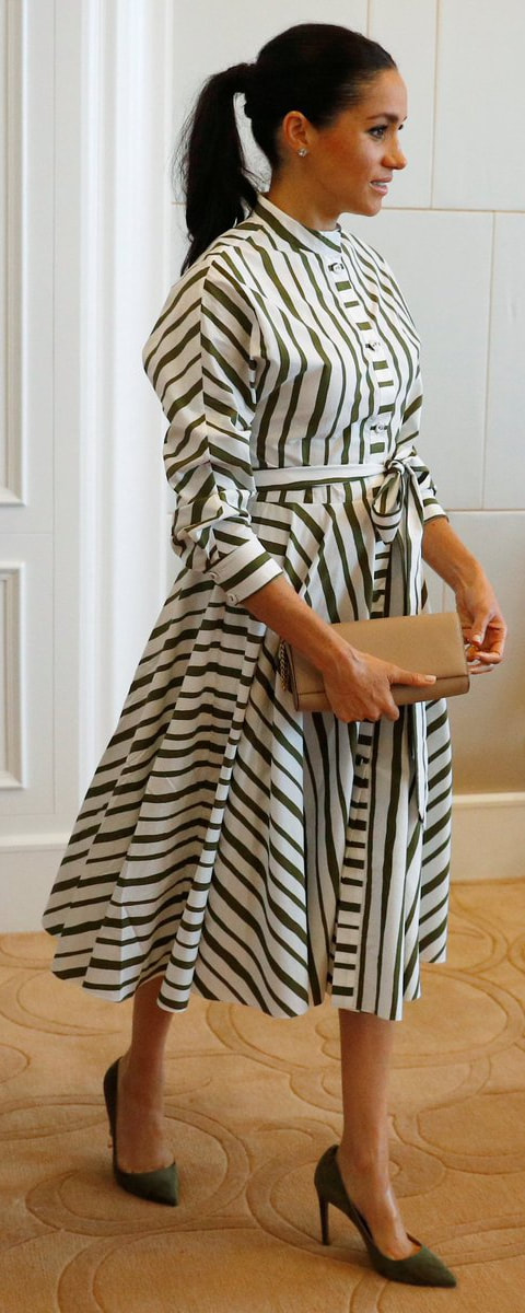 Martin Grant Green Striped Cotton Dress as seen on Meghan Markle, the Duchess of Sussex in Tonga