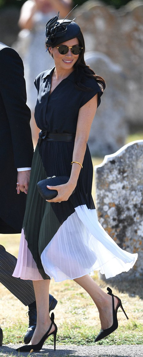 Philip Treacy Black Straw Hat with Ribbon​ as seen on Meghan Markle, the Duchess of Sussex at wedding of Charlie van Straubenzee and Daisy Jenks