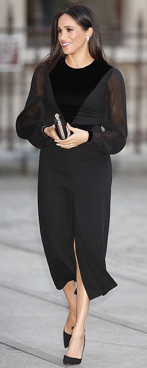 Givenchy Black Velvet-Appliquéd Midi Dress as seen on Meghan Markle, the Duchess of Sussex at opening of the Oceania exhibition