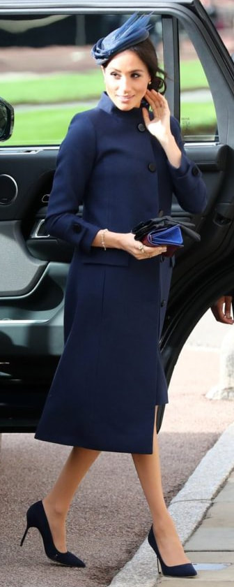 Prada Dark Blue Leather Gloves as seen on Meghan Markle, the Duchess of Sussex at wedding of Princess Eugenie and Jack Brooksbank