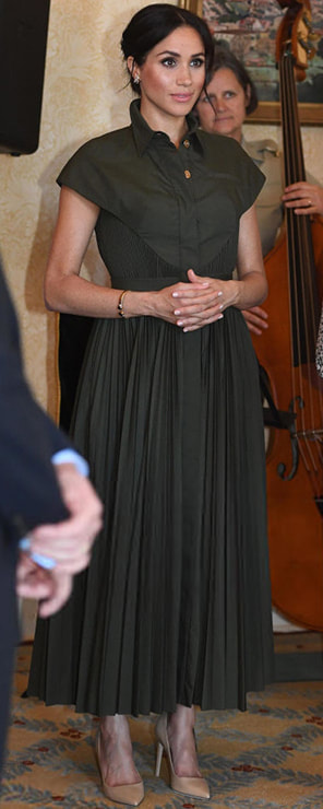 Brandon Maxwell Olive Pleated Poplin Shirt Dress as seen on Meghan Markle, the Duchess of Sussex at Government House reception