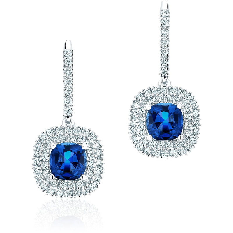 Birks Cushion Cut Sapphire and Double Diamond Halo Drop Earrings