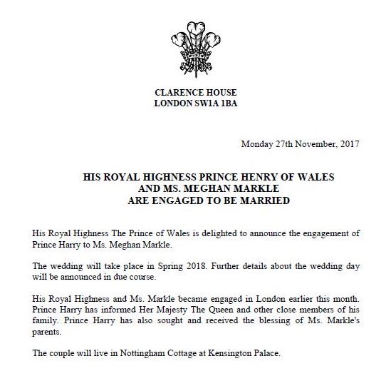 Prince Harry and Meghan Markle engagement announcement statement by Clarence House