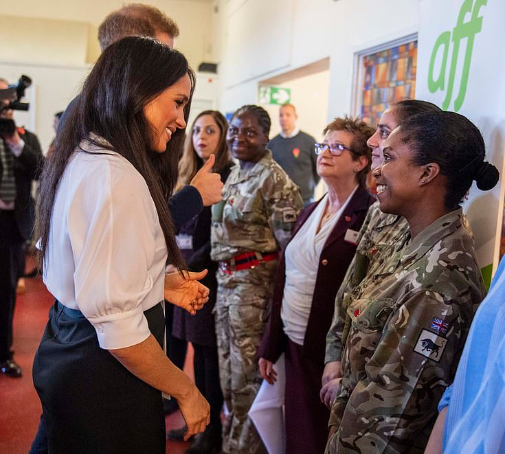 Duchess Meghan Markle visited families from the Welsh Guards, Coldstream Guards and Household Cavalry at the Broom Farm Community Centre