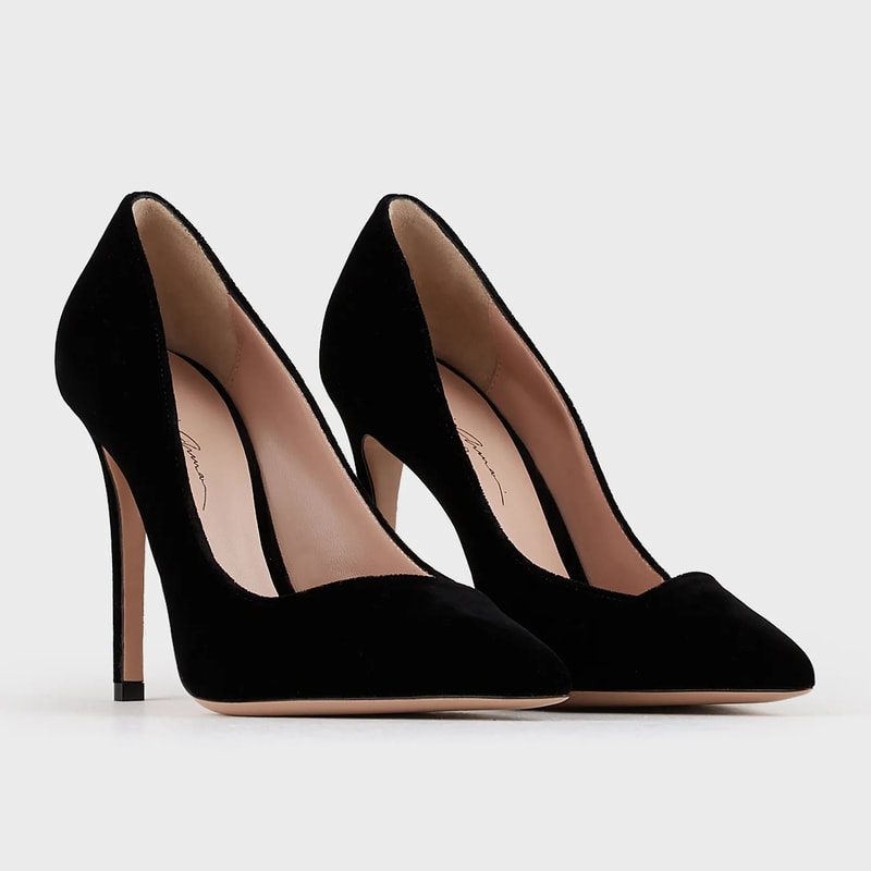 Giorgio Armani black velvety leather court shoes with asymmetric top line 