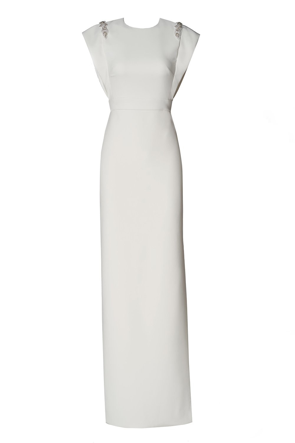 Theia Cap-Sleeve Beaded Crepe Column Gown