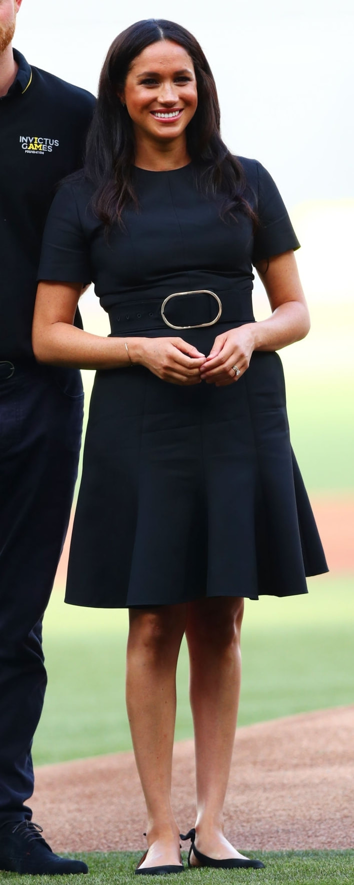 Stella McCartney Black Short-Sleeve Belted Dress as seen on Meghan Markle, the Duchess of Sussex