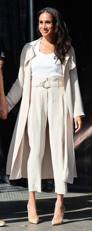 Cuyana Silk Classic Trench in Sand as seen on Meghan Markle, Duchess of Sussex.