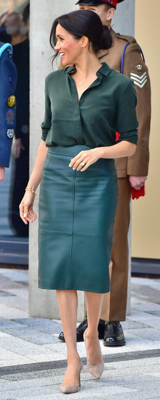 Hugo Boss Selrita Green Lambskin-Leather Pencil Skirt as seen on Meghan Markle, the Duchess of Sussex in Sussex