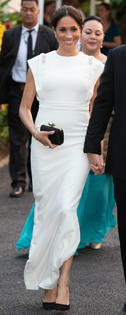 Theia Ivory Beaded Crepe Column Gown as seen on Meghan Markle, the Duchess of Sussex for Tonga recpetion
