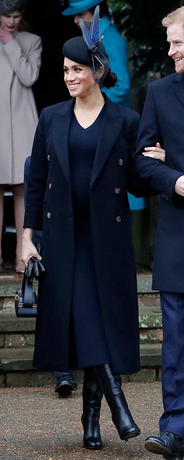 Victoria Beckham Deep Navy Tailored Slim Coat as seen on Meghan Markle, the Duchess of Sussex Christmas Day 2018