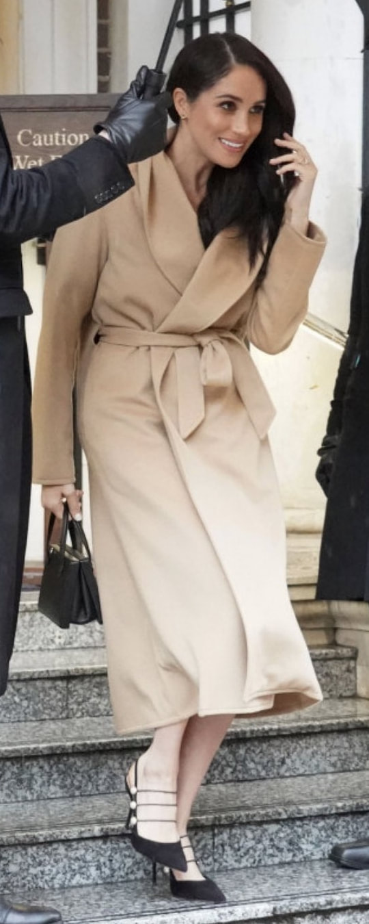 Alex Eagle Dark Camel Wrap Coat as seen on Meghan Markle, the Duchess of Sussex