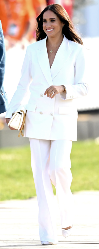 Valentino Oversized Double-Breasted Twill Blazer in White​ as seen on Meghan Markle, the Duchess of Sussex.