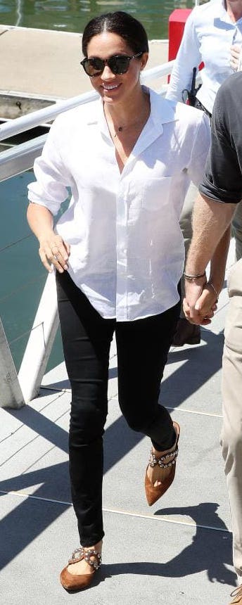 Aquazzura DJ Tan Suede Mules as seen on Meghan Markle, the Duchess of Sussex departing Fraser Island
