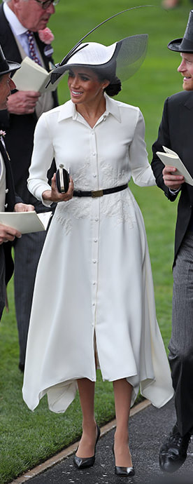 Givenchy White Shirtdress with Handkerchief Hem on Meghan Markle, the Duchess of Sussex at Royal Ascot 2018