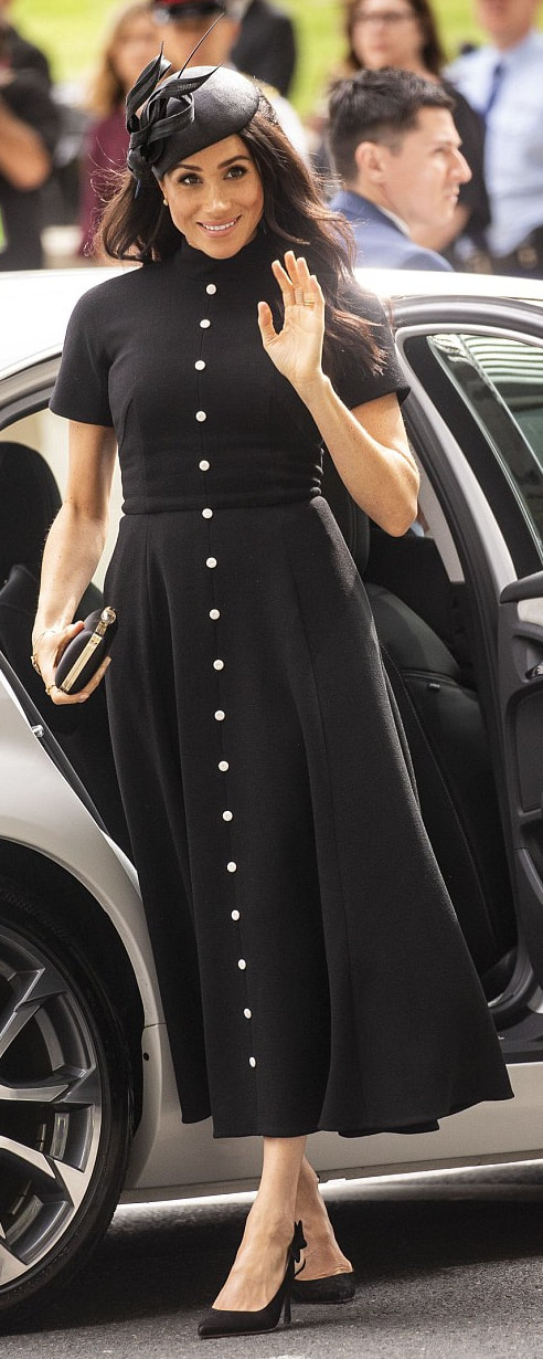 Emilia Wickstead Camila Black Button Midi Dress as seen on Meghan Markle, the Duchess of Sussex at Anzac Memorial in Sydney's Hyde Park