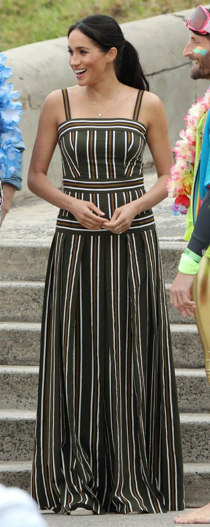 Martin Grant Pleated Stripe Long Dress as seen on Meghan Markle, the Duchess of Sussex on Bondi Beach