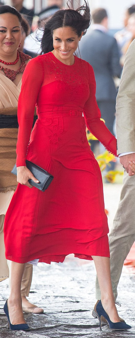 Self-Portrait Red Embroidered Midi Dress as seen on Meghan Markle, the Duchess of Sussex