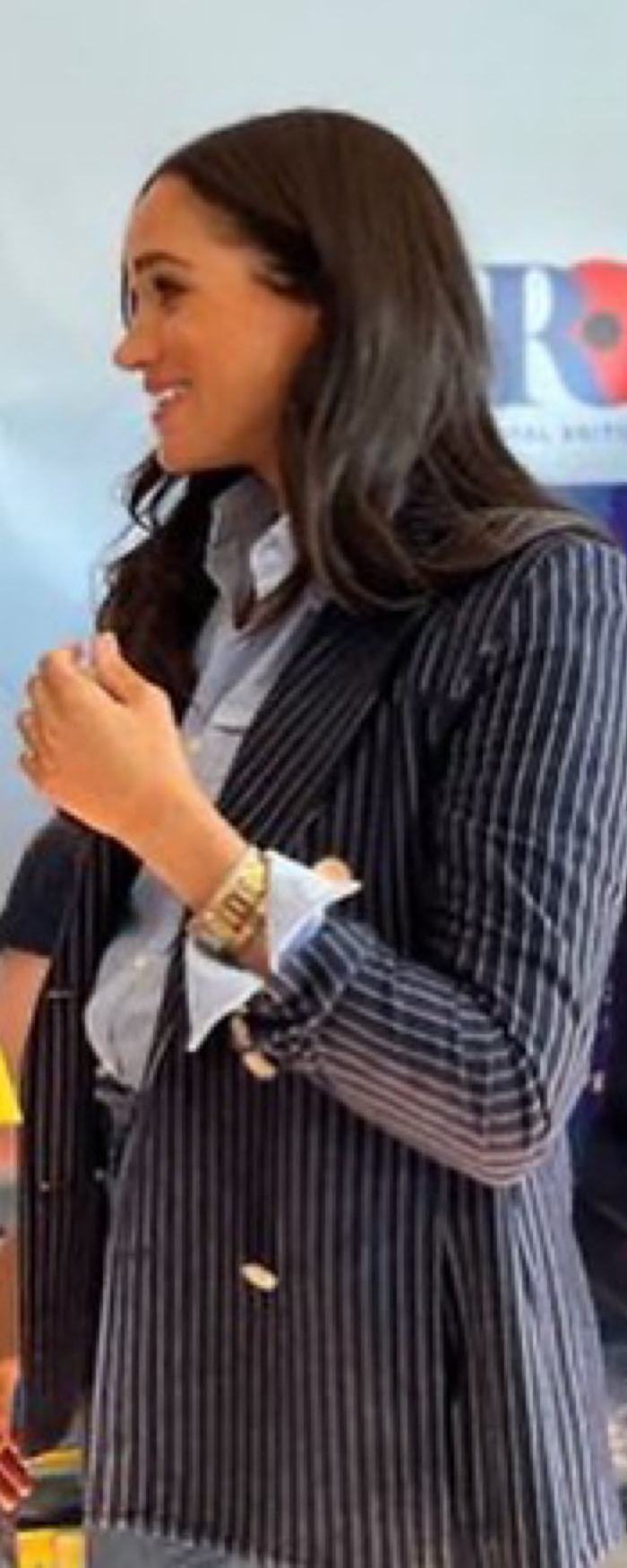Veronica Beard Beacon Pinstripe Dickey Jacket in Navy/White as seen on Meghan Markle, the Duchess of Sussex.