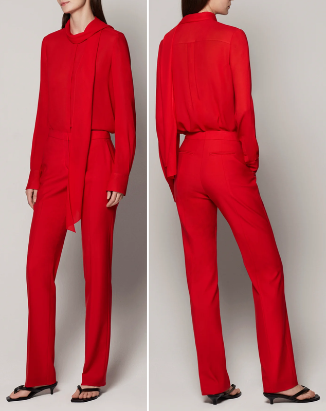 Another Tomorrow Bow Blouse in Fire Red ($540) and the Another Tomorrow Classic Trouser in Fire Red