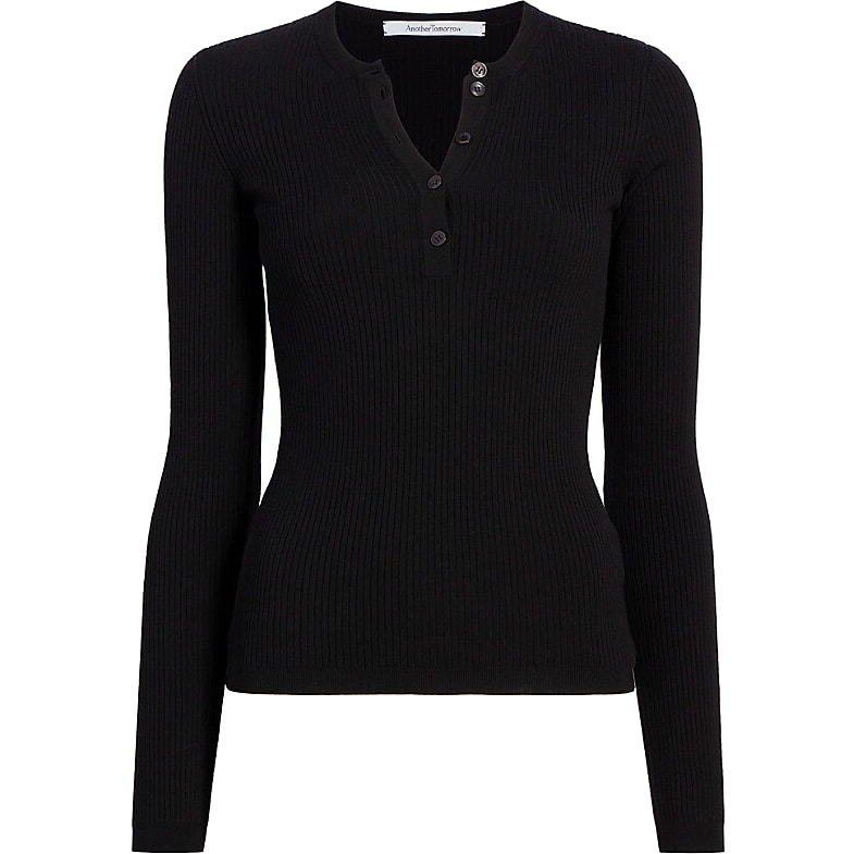 Another Tomorrow Ribbed Henley Top In Black