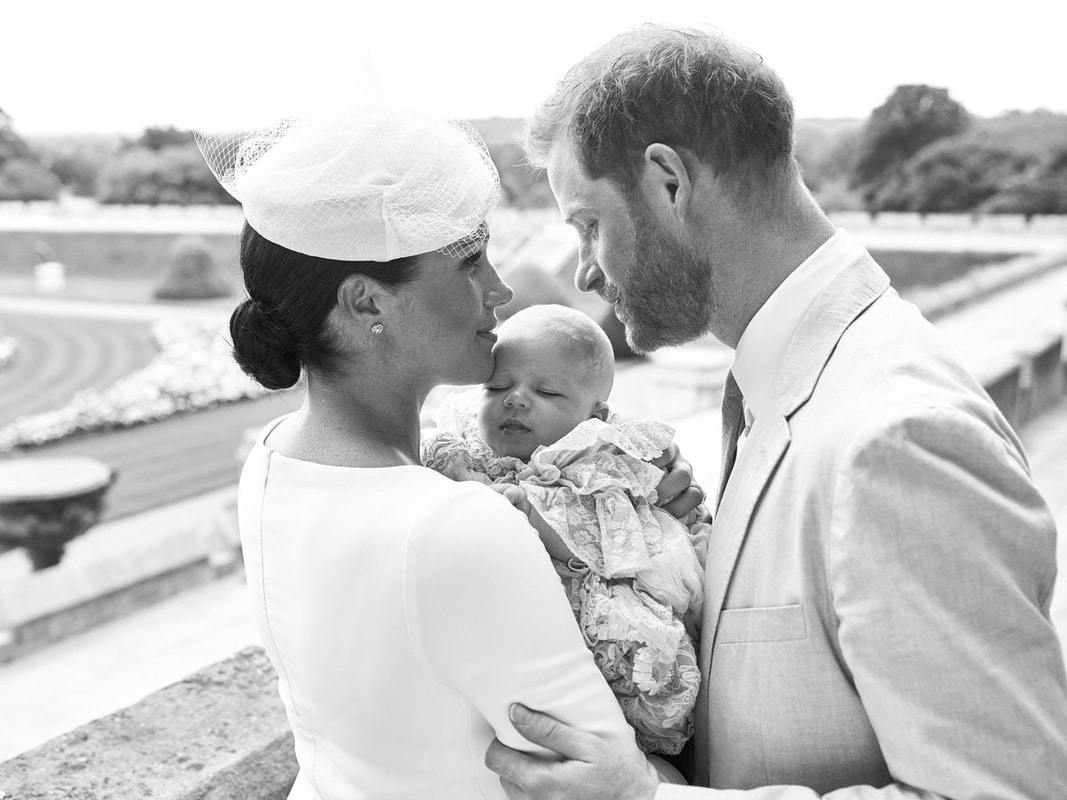 Archie Harrison Mountbatten-Windsor on his Christening day with Meghan and Harry Sussex