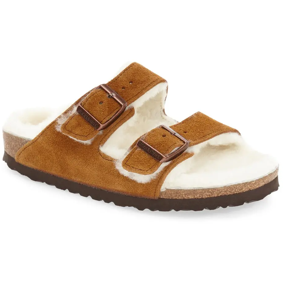 Birkenstock Arizona Suede Leather & Shearling Mink Sandals in Tan