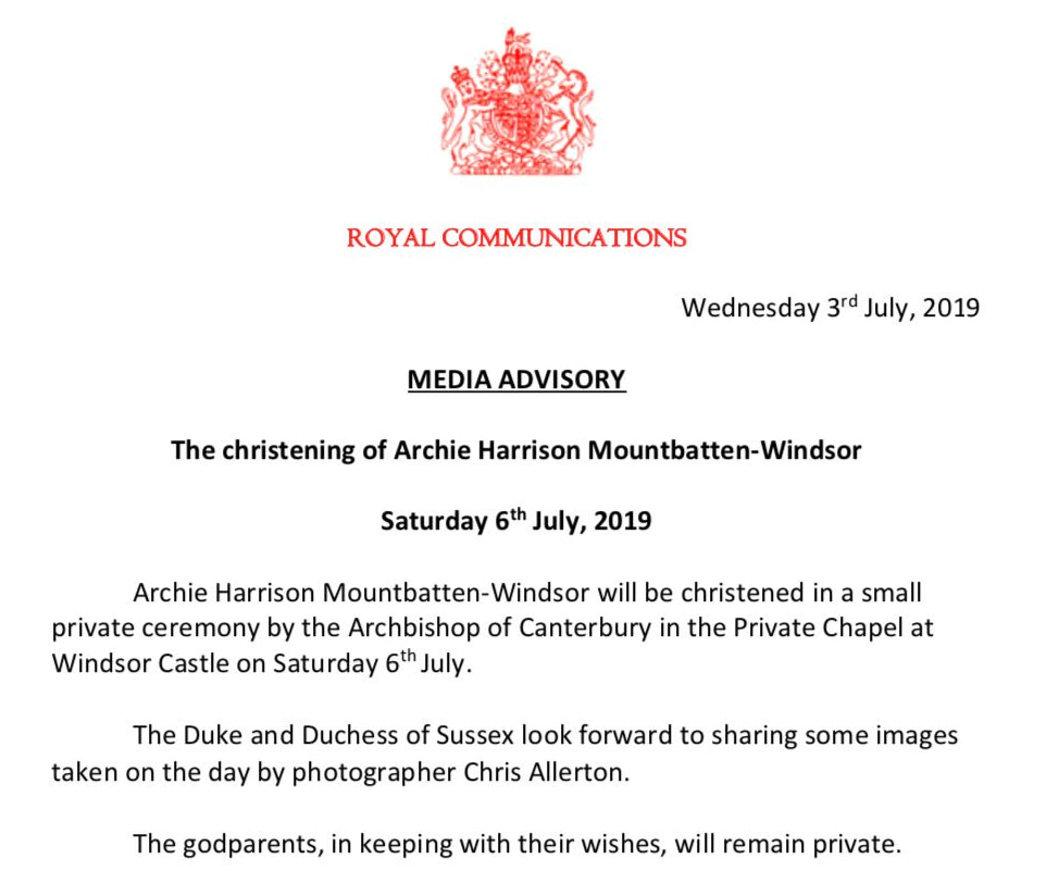 Buckingham Palace released information regarding Baby Archie's christening