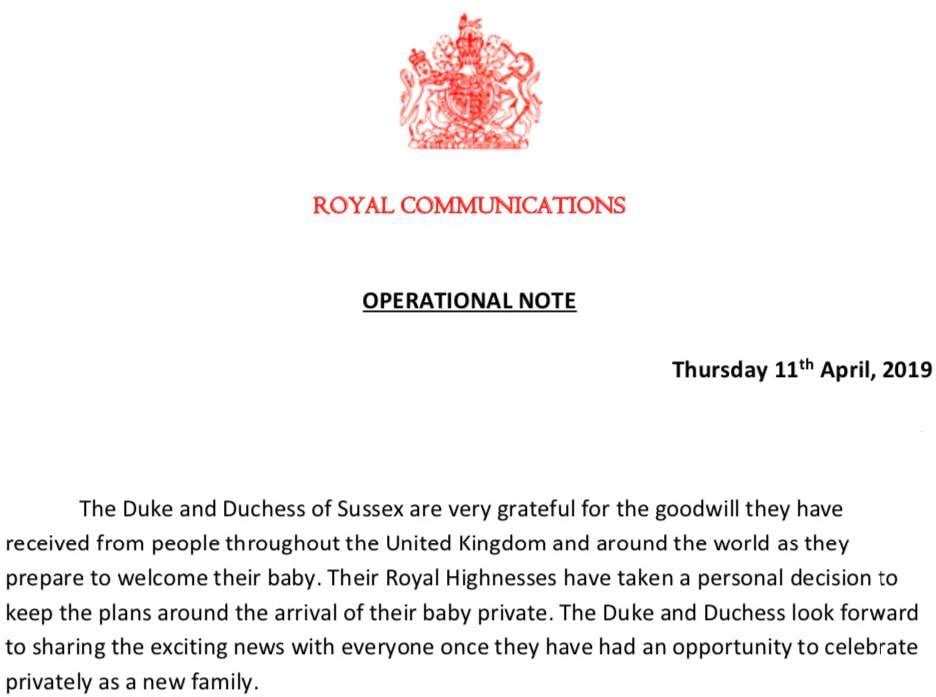 Buckingham Palace media statement Baby Sussex arrival