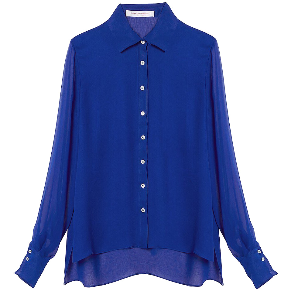 Carolina Herrera Sheer-Sleeve Silk Button Down Shirt in Cobalt