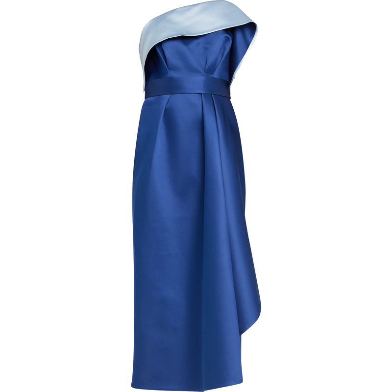 Carolina Herrera strapless cascading draped midi dress in blue