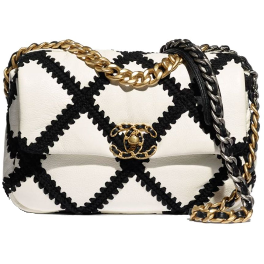 Chanel 19 Handbag In White & Black Crochet Calfskin