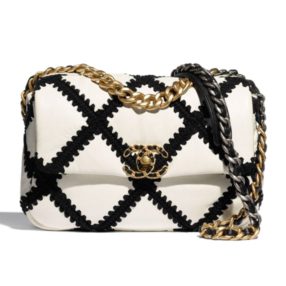 Chanel 19 Flap Bag in White & Black Calfskin Crochet