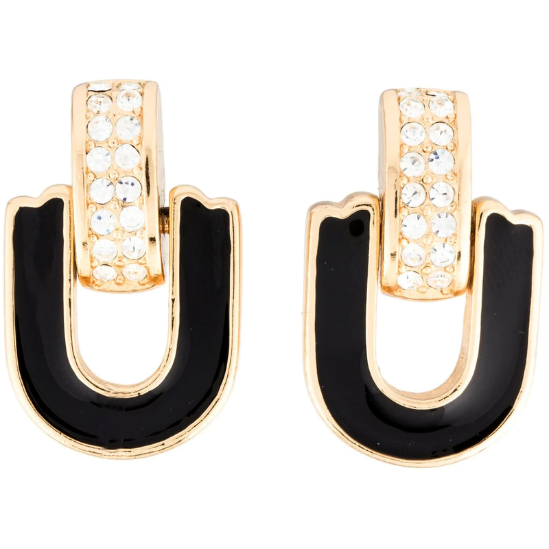 Christian Dior Crystal & Black Enamel Doorknocker Earrings