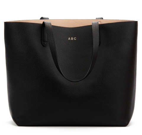 Cuyana Black Classic Structured Leather Tote with personalised monogram
