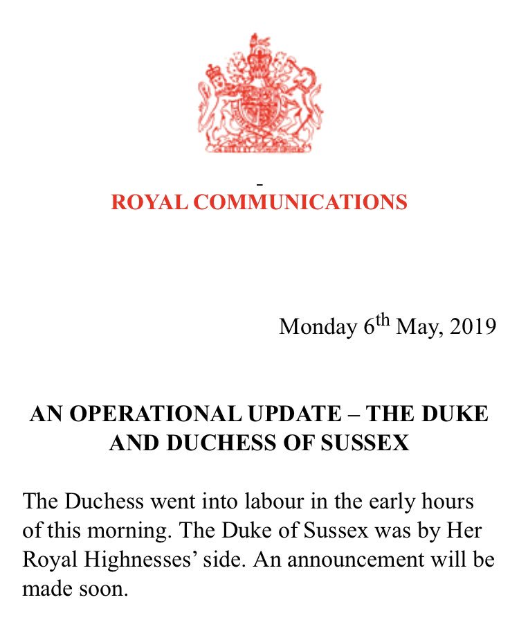 Buckingham Palace announces the Duchess of Sussex is in labour