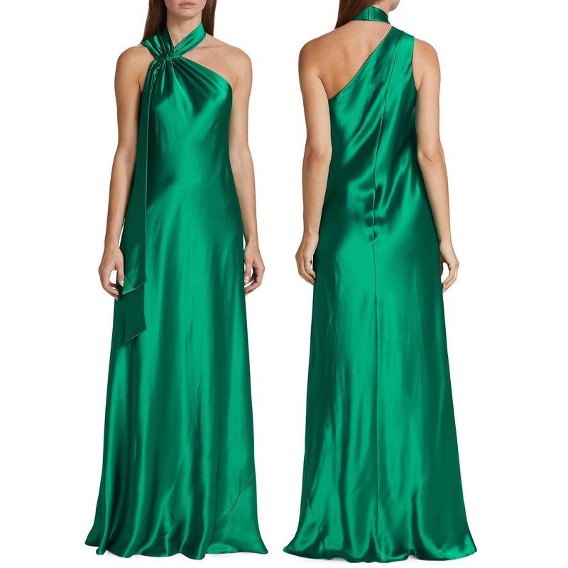 Galvan Ushuaia Satin Tieneck Gown in Emerald Green