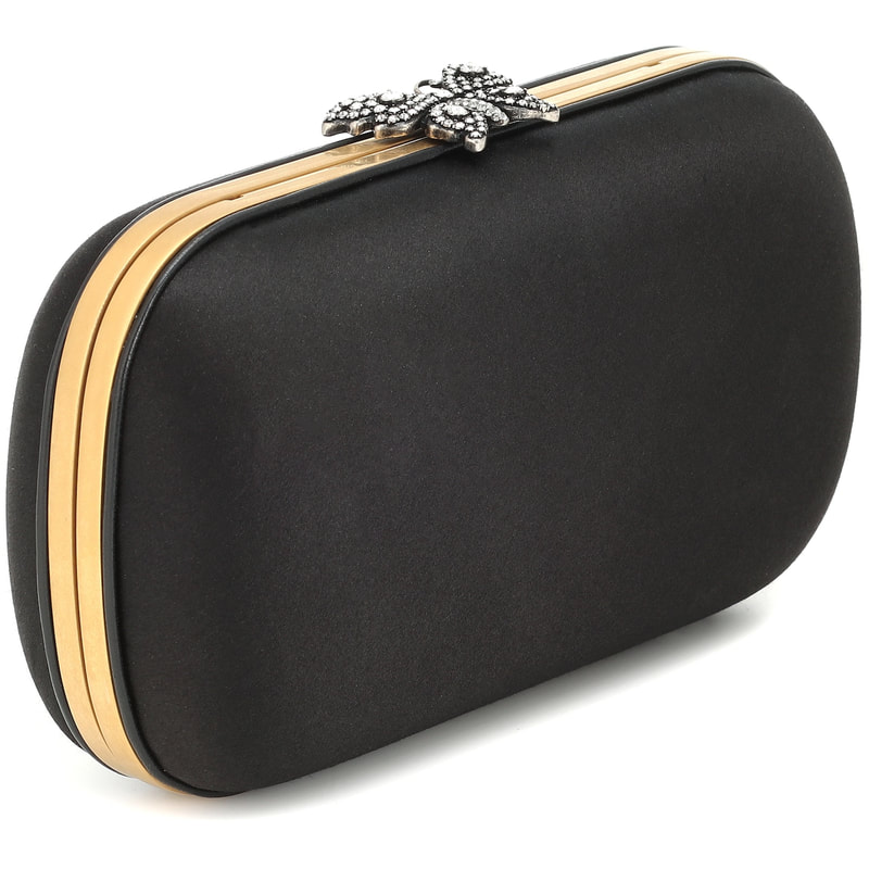 Gucci 'Broadway' Butterfly Embellished Black Satin Clutch