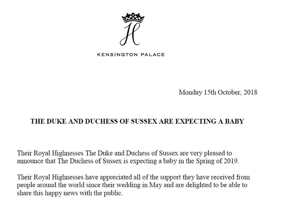 Kensington Palace announces Meghan Duchess of Sussex is pregnant