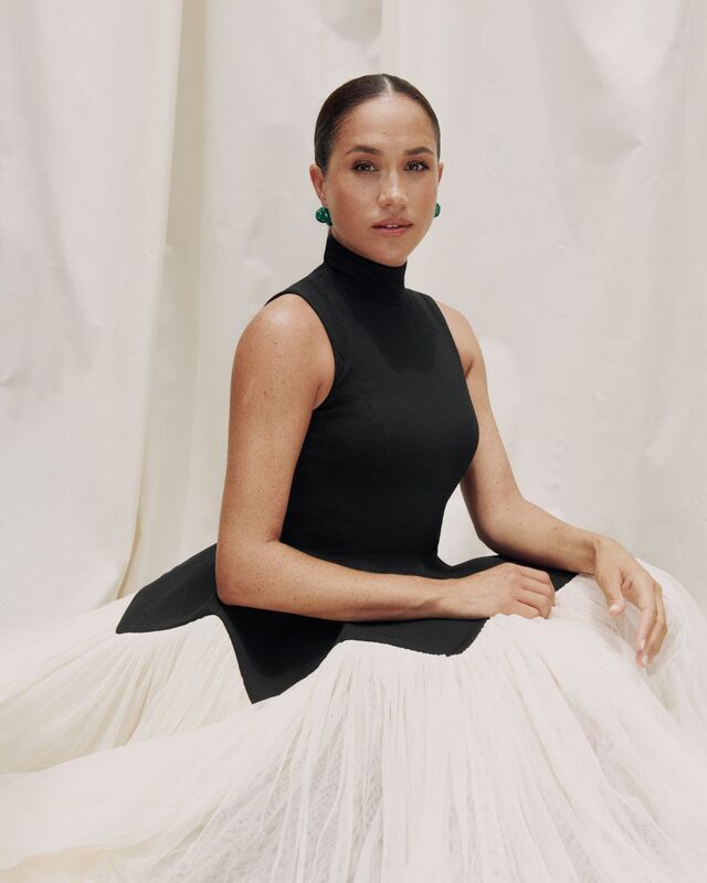 Meghan Markle wears Tory Burch Colorblock Tulle Dress and Lanvin Brass & Green Strass Melodie Earrings for cover of The Cut
