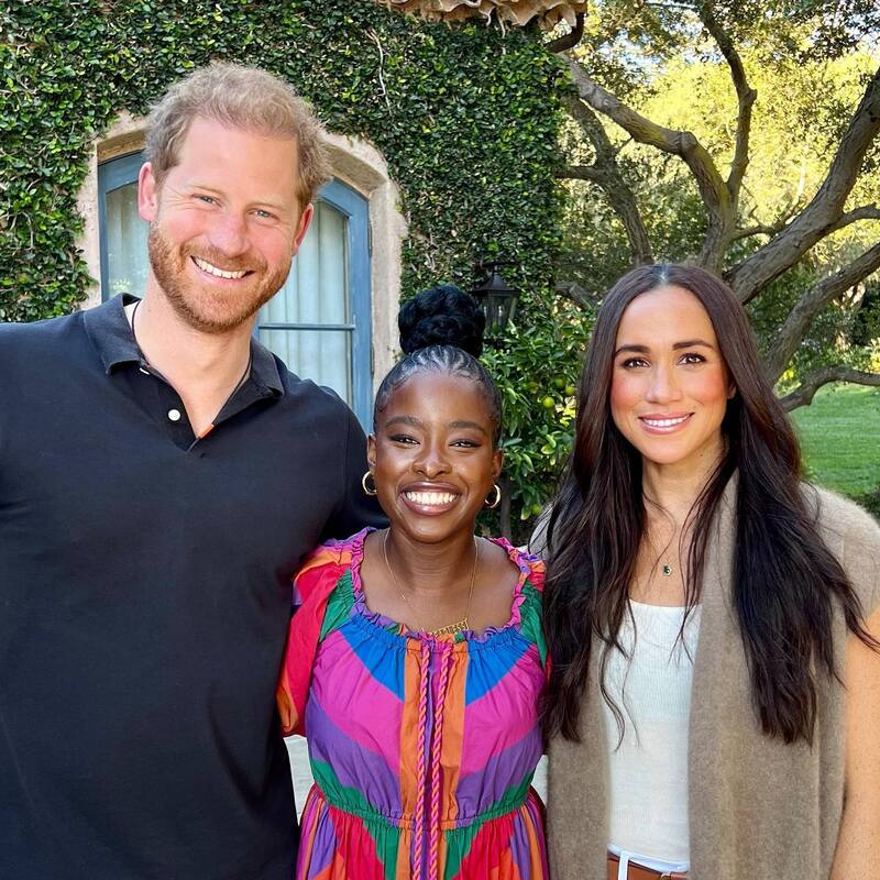 Amanda Gorman poses with Meghan Markle and Prince Harry to promote being on Achetypes podcast