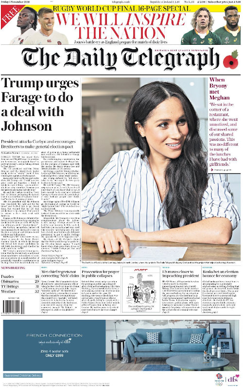 Duchess Meghan Markle on front page of The Daily Telegraph