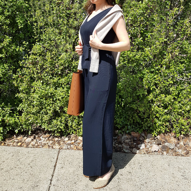 Everlane outfit featuring Meghan Markle's jumpsuit, sweater, and tote bag