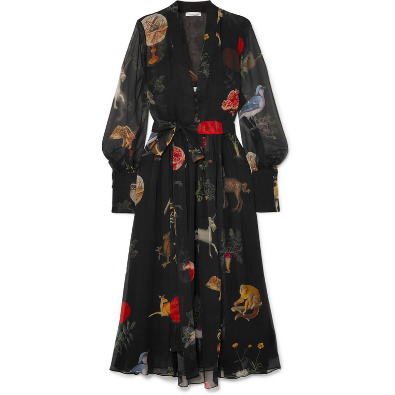 Oscar de la Renta Enchanted Forest Printed Silk Chiffon Midi Dress