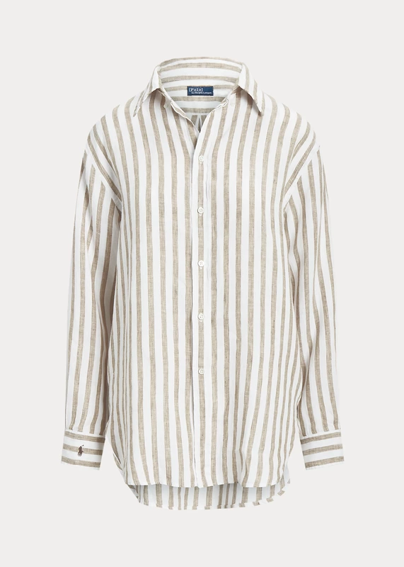 Polo Ralph Lauren Relaxed Fit Striped Linen Shirt in Camel/White