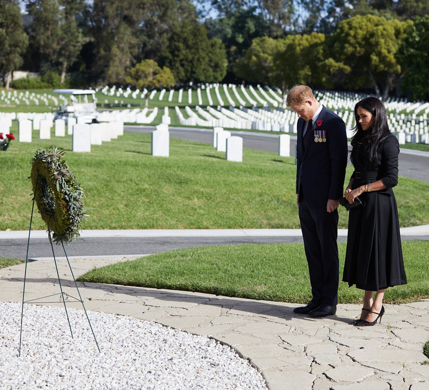 Prince Harry and Meghan Markle lay a wreath at the Los Angeles National Cemetery on Remembrance Sunday 2020