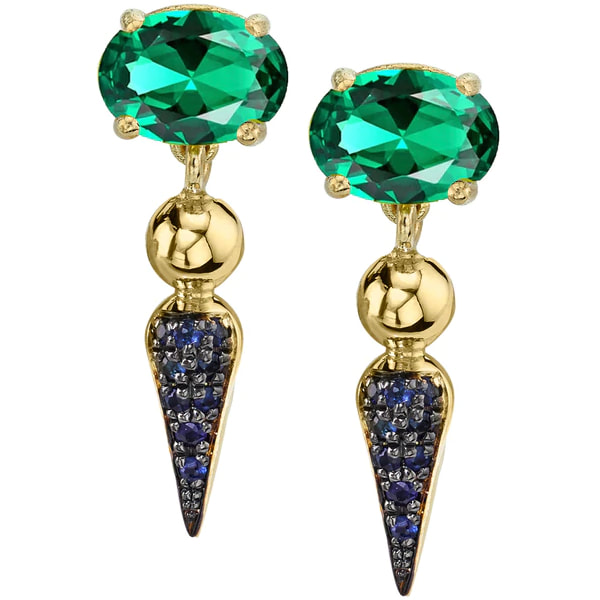 Sarah Hendler Pave Spear Tip Dangle Studs with emerald posts and pavé set blue sapphires
