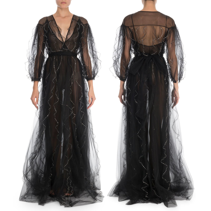 Valentino Black Puff-Sleeve Embroidered Tulle Gown​